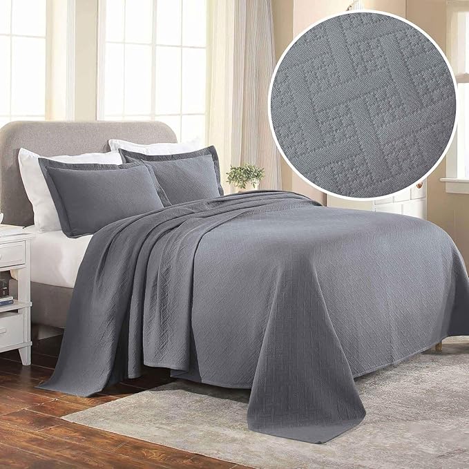 Superior 100% Cotton Basket Weave Bedspread with Shams, All-Season Premium Cotton Matelasse Jacquard Bedding, Quilted-Look Geometric Basket, Queen, Grey