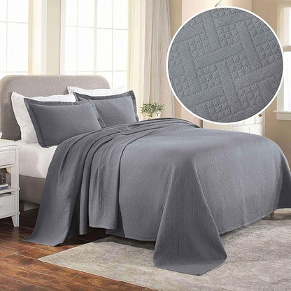 Superior 2 Piece Basketweave Cotton Bedspread Set, Home Bed Decor, Decorative Bed Spread, 1 Pillow Sham, Medium Weight Blanket, Matelasse Coverlet Bedding, Geometric Lattice Pattern, Twin, Grey