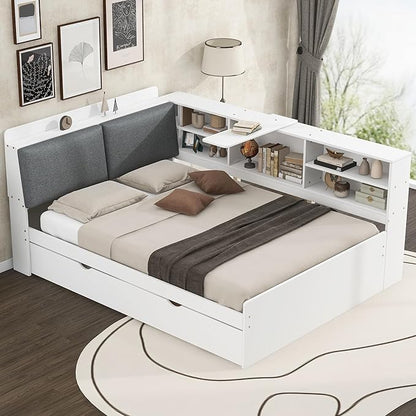 Ball & Cast Full Size Wooden Storage Daybed Frame, Modern Platform Bed with Trundle & Flip Headboard & Shelves, L Shaped Full Floor-Bed w/Upholstered Headboard&Storage, No Box Spring Needed, White