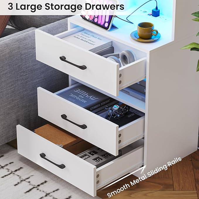 VIAGDO Tall Nightstand with Charging Station and LED Lights, Large White Night Stand with Bookshelf, Modern LED Bedside Table with 3 Drawers and Storage Shelves, End Side Table for Bedrooms, Dorms