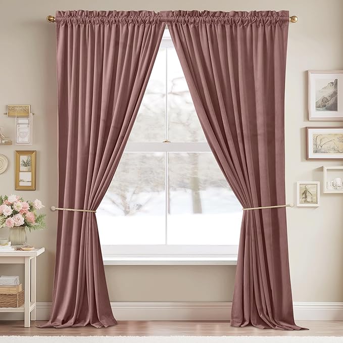 StangH Wild Rose Velvet Curtains for Kids Bedroom Romantic Thermal Insulated Drapes for Living Dining Room, Soft Noise Reducing Curtains, W52 x L94, 2 Panels