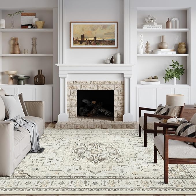 zesthome 5x7 Area Rugs, Machine Washable Rugs for Living Room, Bedroom,Stain Resistant Vintage Large Area Rug,Non-Slip Medallion Pattern Home Decor Rugs (Beige,5'x7')