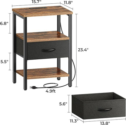 SUPERJARE Nightstand Set of 2, Bed Side Tables with Charging Station, Adjustable Fabric Drawer, Night Stand for Bedroom, 3-Tier Storage End Tables, for Living Room, Rustic Brown and Black