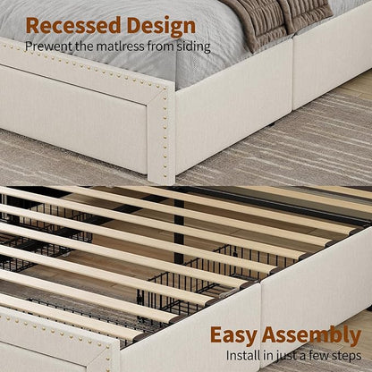 Queen Size Bed Frame with LED Light and Charging Station, Upholstered Bed Frame with 4 Drawers and 2-Tier Storage Headboard, Noise Free, Easy Assembly, Wooden Slats Support, No Box Spring Needed,White