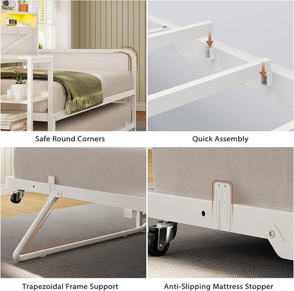 VIAGDO Daybed Twin with Pop Up Trundle, Farmhouse Wooden Day Bed Frame with 3 Storage Drawers and Shelves, Twin to King Daybed with Charging Station and LED Lights for Bedroom, Guest Room, White
