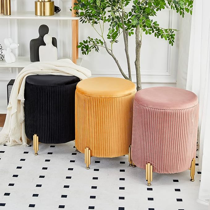 Mxfurhawa Round Ottoman Foot Stool with Storage and Metal Legs for Living Room Bedroom, Velvet Upholstered Footrest Stool Support 300lbs Modern Padded Seat Ottoman Coffee Table (Grey)