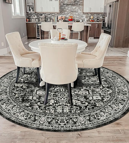 vivorug Round Rug 6ft Vintage-Inspired Round Area Rug Non-Slip Indoor Carpet for Living Room Bedroom Entryway, Stain Resistant Home Decor Circle Rug, Black and White