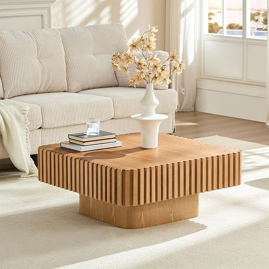 LKTART Square Coffee Table for Living Room, Accent Fluted Coffee Table with Storage, Modern Solid Wood Veneered Large Center Tea Table for Small Space Apartment (31.5''D×14''H-Natural)
