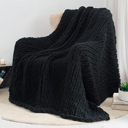 Chunky Knit Throw Blanket 60"X 80", 100% Handmade with Soft Chenille Yarn, 6.7lbs Thick Cable Knitted Blankets, Large Rope Knot Crochet Throws for Couch Sofa Bed Home Decor, Black