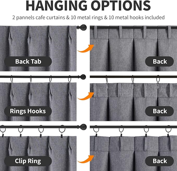 Wdfour24x36 Inch Pinch Pleated Blackout Cafe Curtains - Pack of 2, 100% Light Blocking Back Tab Drapes for Half Windows, Kitchen & Bathroom Short Curtains in Dark Gray