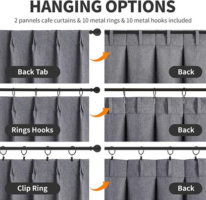 WdFour 30x36 Inch Pinch Pleated Blackout Cafe Curtains - Pack of 2, 100% Light Blocking Back Tab Drapes for Half Windows, Kitchen & Bathroom Short Curtains in Dark Gray
