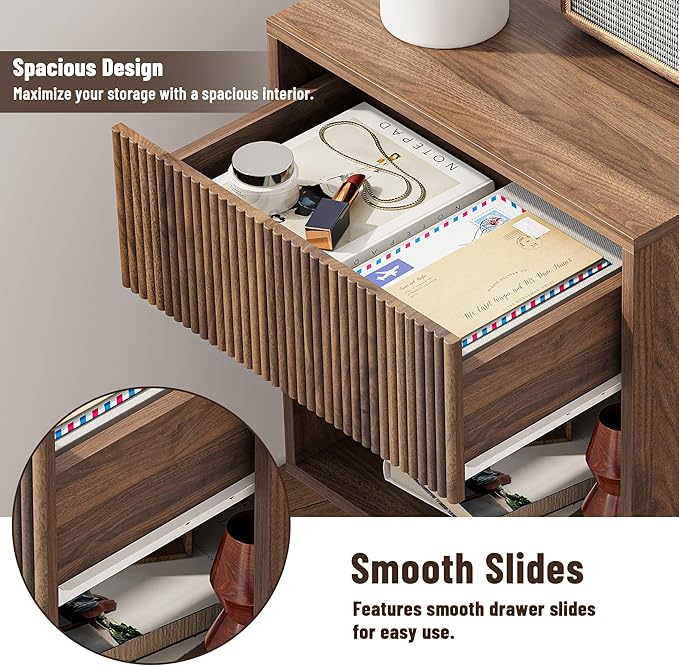 Nightstand, Modern Bedside Table with Storage Drawers and Open Wood Shelf, Night Stand with Solid Wood Legs, End Tables Side Tables for Living Room, Bedroom Walnut