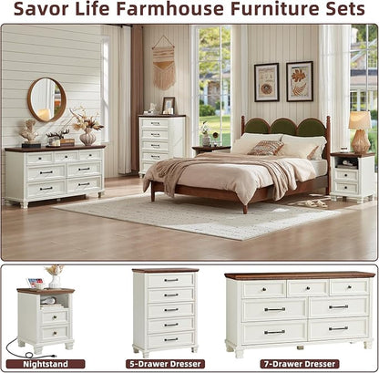 SAVOR LIFE Farmhouse Side Table with Charging Station, Antique Nightstands with Drawers, Bedside Table with Open Shelf for Bedroom, White