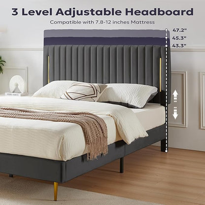 Twin Platform Bed Frame, Velvet Upholstered Bedframe with Vertical Channel Adjustable Headboard, Golden Plating Trim, Mattress Foundation with Wooden Slats, No Box Spring Needed, Grey