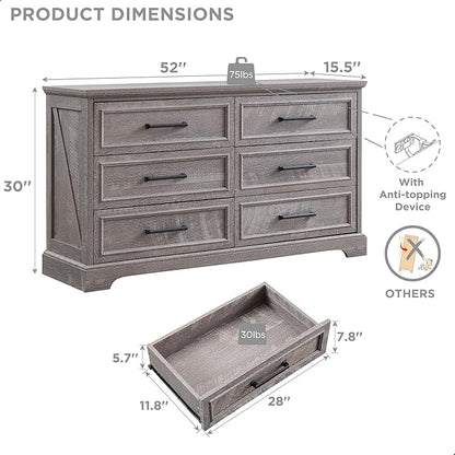 JXQTLINGMU Farmhouse 6 Drawers Dresser for Bedroom, 52'' Wide Large Wood Dressers with Bar Handles, Chests of Drawers with Storage Dressers Organizer for Bedroom, Hallway, Grey
