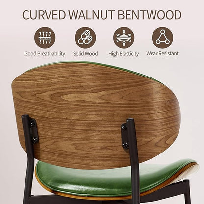 Art Leon Dining Chairs, Set of 2, Walnut Bentwood, Mid Century Modern Chair, Green Faux Leather Kitchen Dining Room Chairs, Accent Chairs for Bedroom