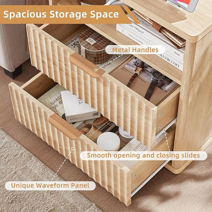 LEYAOYAO 48" Wide Fluted Dresser and 2 Drawers 23" Nightstand Set of 2, Wooden Dresser & Night Stand with Charging Station, 3 Piece Bedroom Furniture Set, Chest of Drawer for Living Room,Natural Wood