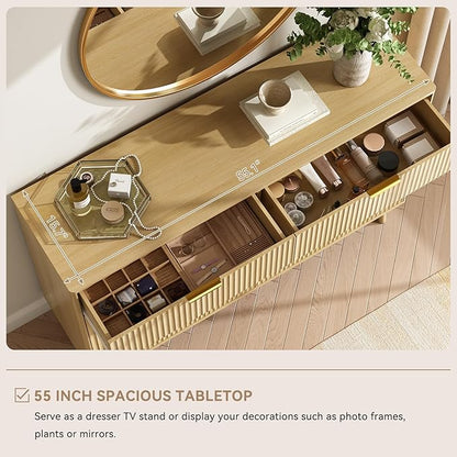 CARPETNAL Fluted 7 Drawer Dresser for Bedroom, 55" Wide Wooden Chest of Drawers with Rounded Corners, Gold Handles, Modern Storage Organizer for Bedroom, Hallway(Oak)