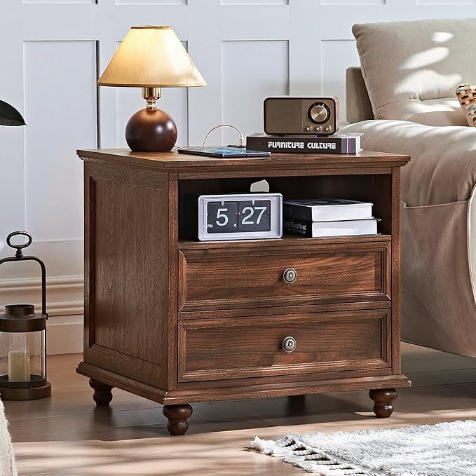 24" Wide Farmhouse Nightstand with Charging Station, End Table with 2 Drawers, Brown Wood Dresser for Bedroom Cabinet, Bed Side Table Chest of Drawers, Night Stand for Living Room, Closet