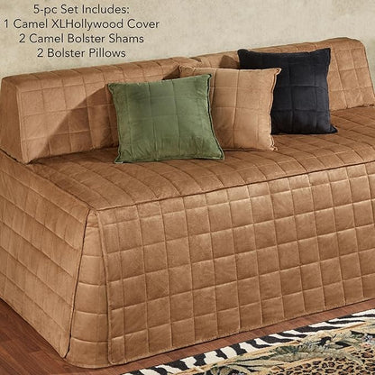 Camden Luxury Bedding | Neutral Camel Color | Fitted Extra Long Hollywood Daybed | Faux Suede Box Quilted Design | 5 Piece Set Includes Extra Long Hollywood Cover, 2 Bolster Shams, & 2 Bolster Pillows