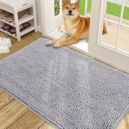OLANLY Dog Door Mat for Muddy Paws 48x30, Absorbs Moisture and Dirt, Absorbent Non-Slip Washable Doormat, Quick Dry Chenille Mud Mat for Dogs, Entry Indoor Entryway Carpet for Inside Floor, Light Grey