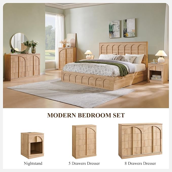 ACCOHOHO Modern 5 Drawers Dresser for Bedroom with Arched Panel,44" Tall Dresser for Closet with Metal Handles,Push-to-Open Wood Storage Closet Dressers Tv Stand for Living Room, Hallway,Natural Oak