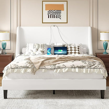VECELO Queen Bed Frame with Upholstered Wingback Headboard, Heavy-Duty Platform Bedframe with Charging Station, Wooden Slats, No Box Spring Needed, White