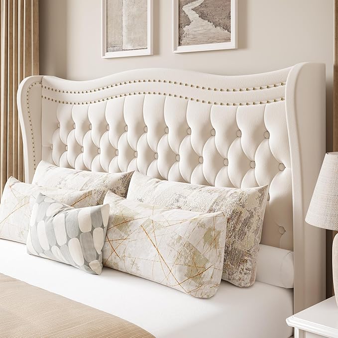 Upholstered Full Size Bed Frame with Tall Headboard, Velvet Wingback Platform Bed Frame with Deep Button Tufted, No Box Spring Needed, Noise Free, Beige