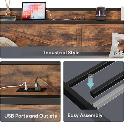 LIKIMIO Twin Daybed with Trundle Bed, Storage Headboard with Charging Station, Sofa Day Bed with Strong Supports for Living Room, Bedroom, and Guest Room, Industrial Brown