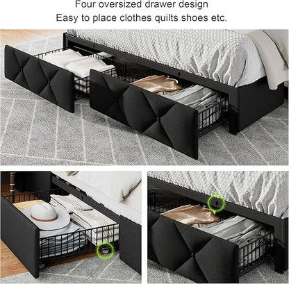 Feonase Queen Bed Frame with 4 Storage Drawers, Upholstered Platform Bed with Charging Station, Wingback Storage Headboard, Wooden Slats Support, No Box Spring Needed, Easy-Assembly, Black