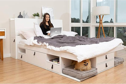 memomad Bali Set: Storage Platform Bed with Drawers + Bookcase Headboard (Queen Size, White Wood)