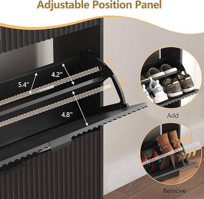 Shoe Cabinet Storage for Entryway with 4 Flip Drawers, Black Fluted Shoe Cabinet with Bench, Wooden Hidden Shoe Rack Freestanding Narrow Slim Shoes Storage Organizer for Hallway, Entrance