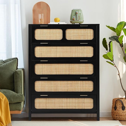 LEVNARY 5 Drawer Chest Dresser, Rattan Tall Dresser 5 Chest of Drawers Dressers for Bedroom, Wooden Storage Cane Cabinet with Metal Handles for Living Room Hallway (Black)