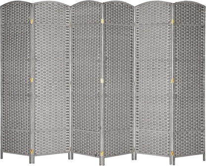 VINGLI 6-Panels Tall Rattan Room Divider, 6 FT Folding Privacy Screen, Indoor Partition Wall Dividers, Freestanding Hinged Space Separator (Grey)