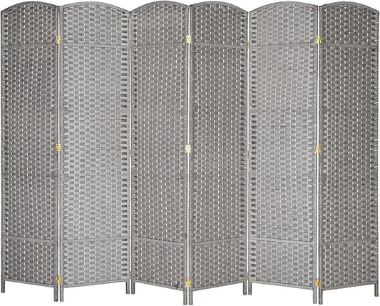 VINGLI 6-Panels Tall Rattan Room Divider, 6 FT Folding Privacy Screen, Indoor Partition Wall Dividers, Freestanding Hinged Space Separator (Grey)