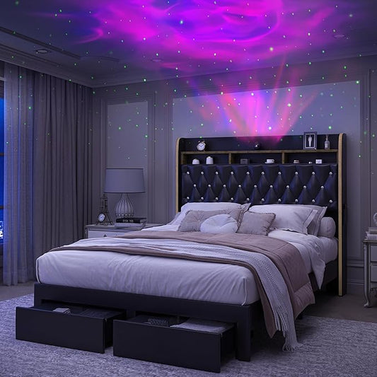 Queen LED Bed Frame with 2 Storage Drawers, PU Upholstered Platform Beds with Galaxy Star Projector Charging Station Speaker, Aurora Bedframe with 2-Tier Storage Headboard, Noise-Free, Black