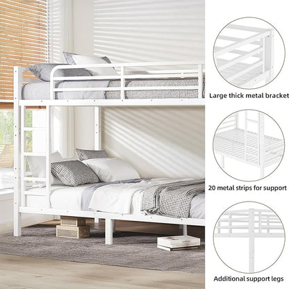 Full XL Bunk Bed Frame, Heavy Duty Metal Loft Bed for Adults/Teens, 350/500LB Capacity w/Ladder & Guardrail, Noise-Free Steel Slats, No Box Spring Required, White