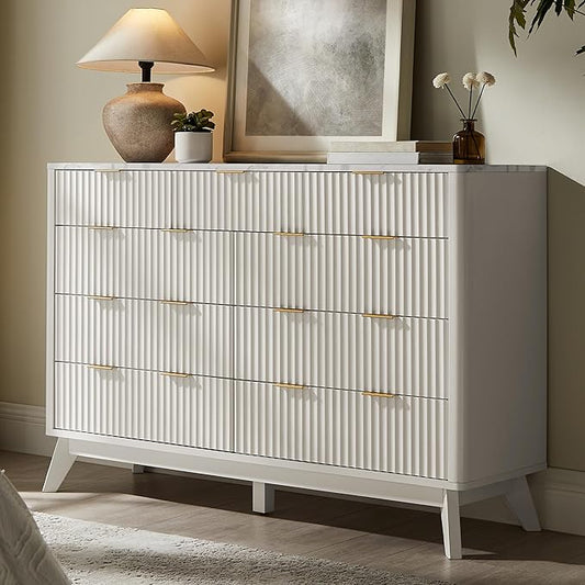 T4TREAM Fluted 9 Drawer Dresser, Modern Chest of Drawers with Faux Marble Top, Curved Profile Design, Dresser TV Stand, Wood Drawer Organizer for Bedroom, Living Room, Hallway, Solid White