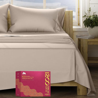 Mayfair Linen 100% Egyptian Cotton Sheets Queen Size - 1200 Thread Count 4 PC Queen Sheet Set Egyptian Cotton, Sateen Luxury Sheet, High Thread Count Sheets, 17" Deep Pocket - Taupe