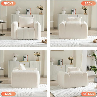 Oversized Boneless Corduroy Accent Chair, Comfy Deep Seat Armchair for Bedroom, Modern Upholstered Living Room Sofa Chair with Pillow, No Assembly, White