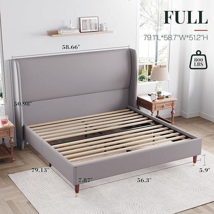 Jocisland Full Upholstered Platform Bed Frame with 51.2" Tall Wingback Headboard–Solid Wood Legs, No Box Spring Needed, Light Grey Linen–Modern Style for Any Bedroom
