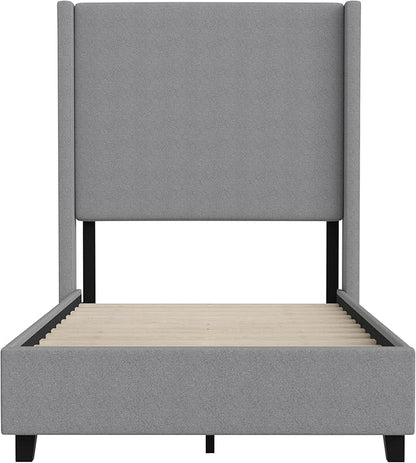 EMMA + OLIVER Nora Twin Size Faux Linen Upholstered Platform Bed with Plush Padded Wingback Headboard (No Box Spring Needed), Modern Upholstered Headboard Twin Bed Frame, Gray