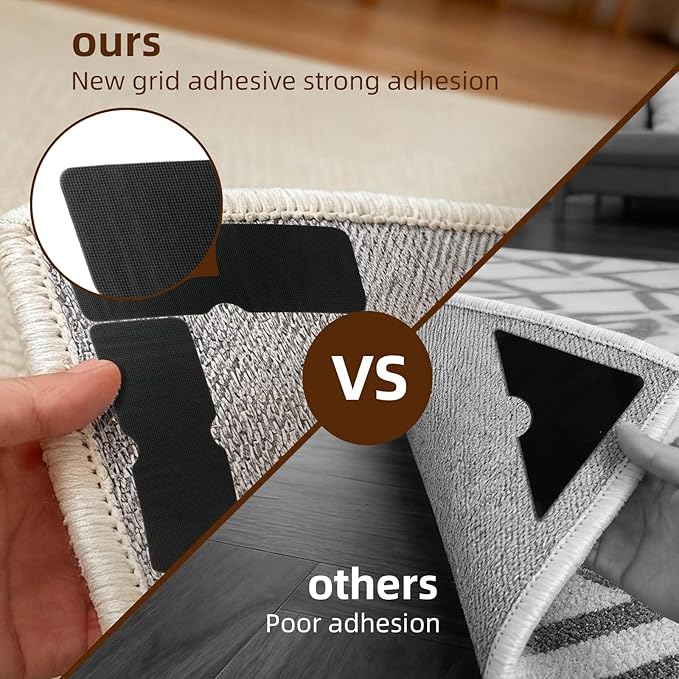 Rug Carpet Non Slip Grippers 8PCS, Reusable Double Sided Rug Pads Corner Gripper Tape for Area Rugs on Hardwood Floors, Strong Adhesive No Damage Removable Carpet Stickers