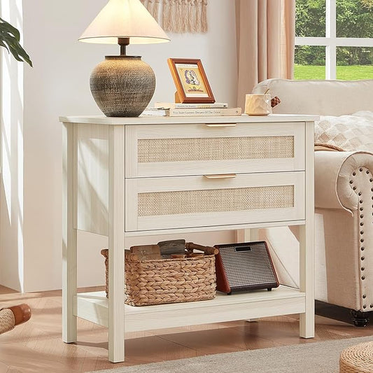 LEYAOYAO 31.5" Wide Rattan Night Stand, Oversized Large Boho Nightstand with 2 Drawer, Grey White Bed Side End Tables with Storage Shelf, Tall Bedside Table for Bedroom Living Room, Hallway