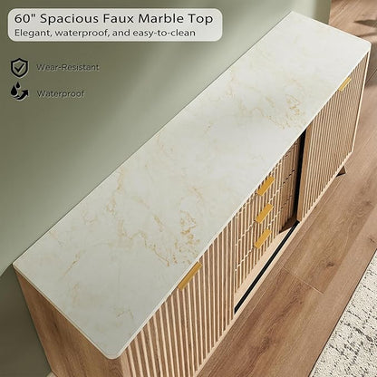 T4TREAM 60" Fluted Dresser with Sliding Doors and 4 Drawers, Modern Chest w/Faux Marble Top, Curved Profile Design, Dresser TV Stand, Wood Drawer Organizer for Bedroom, Living Room, Natural Oak