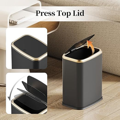 2.1 Gallon Bathroom Trash Can with Lid Press Top, 8 Liter Stainless Steel Garbage Can with Press Type Lid, Slim Trash Bin Waste Basket for Toilet, Office, Bedroom, Living Room (Black)
