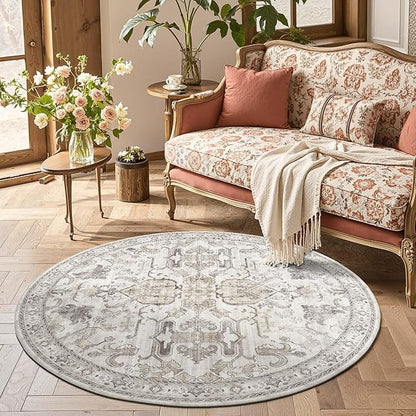 jinchan Round Rug 4ft Area Rug Indoor Vintage Floral Circle 4' Washable Ultra-Thin Low Pile Soft Small Non Slip Distressed Print for Living Room Dining Room Bedroom Entryway Taupe