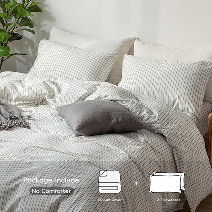 MooMee Striped Duvet Cover Set 100% Washed Cotton Linen Like Textured Breathable Durable Soft Comfy (White Dark Grey Wide Stripes, Super King Plus 120"x120")