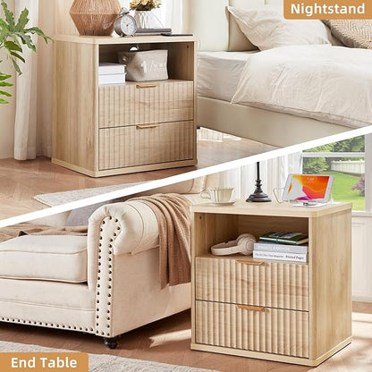 LEYAOYAO Fluted Nightstand with Charging Station, 23" Wide 2 Drawers End Table, Natural Night Stand with Open Storage Cabinet, Farmhouse Bed Side Tables, Wood Dresser for Bedroom, Living Room, Closet