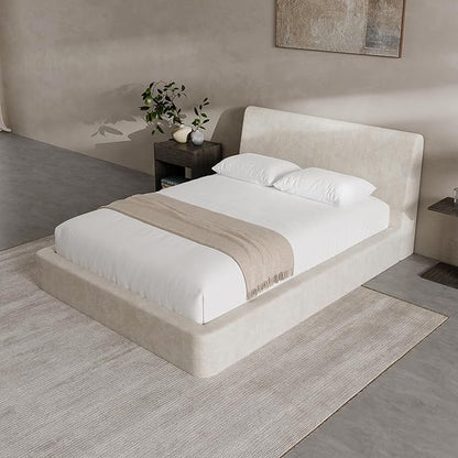 RECCI Cloud Full Size Bed Frame with Ergonomic Angled Foam Cushioned Headboard, Minimalist Design Platform Bed Frame, No Box Spring Needed, Easy Assembly (Beige)